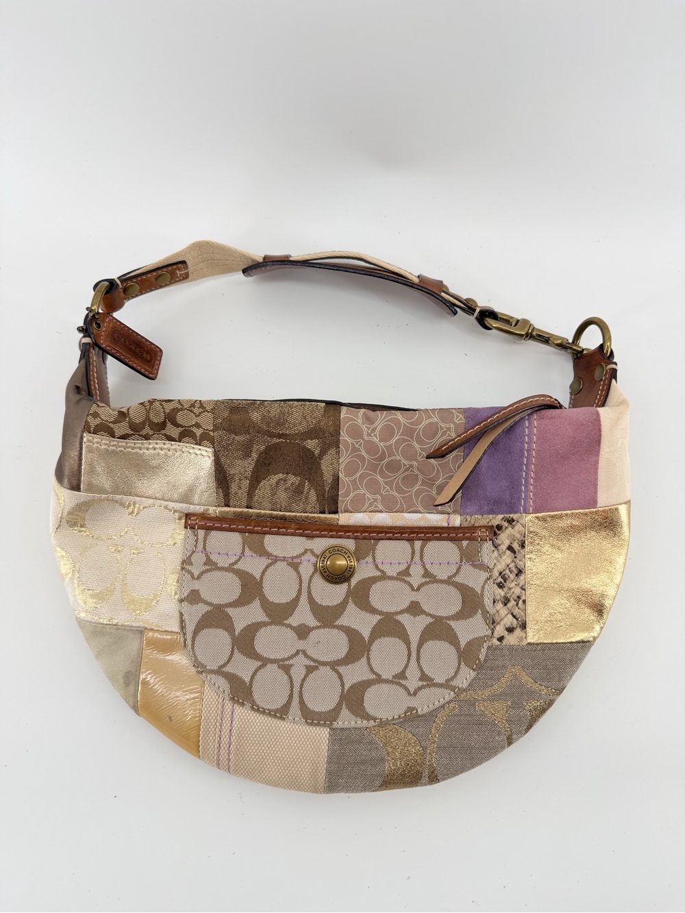 Coach Signature Patchwork Hobo Shoulder Bag in brown, gold, animal, bronze Y2K